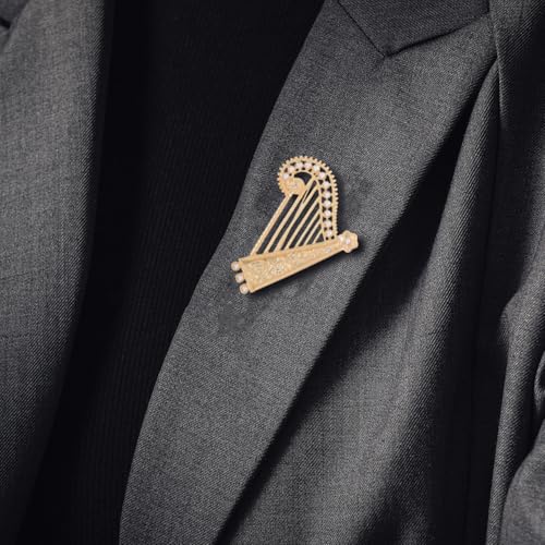 Image of CALLARON Rhinestones Brooch Pin - Elegant Gold Harp Brooch for Women, Vintage Instrument Cltohes Pin, Metal Musical Instrument Lapel Pin, Evening Dress Jewelry Hat Pin Accessory