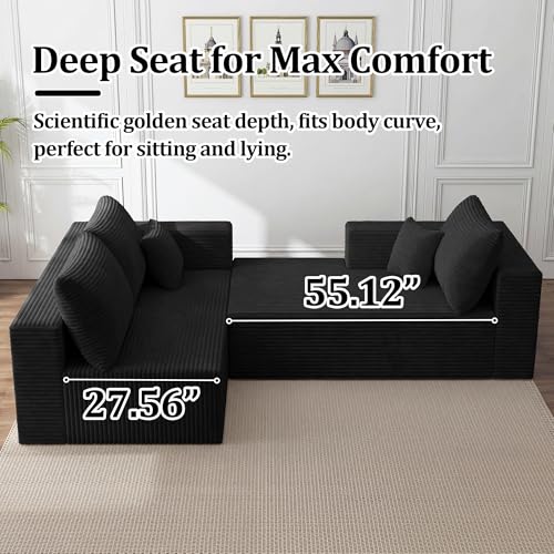 Image of 92.5 inch Modular Sectional Sofa, L-Shaped Cloud Couch with Deep Seats and Chaise, Upholstered Corduroy Boneless Couch for Living Room Small Space, No Need Assembly - Black(Left Facing Chaise)