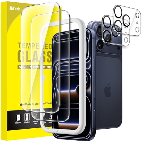 JETech Screen Protector for iPhone 17 Pro 6.3-Inch with Camera Lens Protector Easy Installation Tool 9H Hardness Tempered Glass Film HD Clear 2-Pack Each