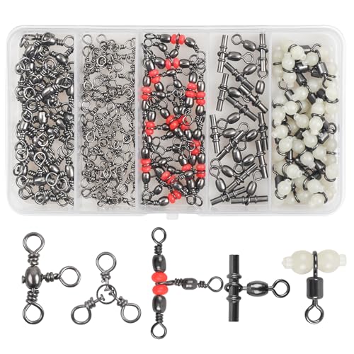 JOGFFDE 3 Way Fishing Swivels Kit,110pcs Three Way Crossline Fishing Swivels Triple Swivels Fishing Line Connectors Catfish Surf Fishing Rig Saltwater Freshwater Fishing Accessories