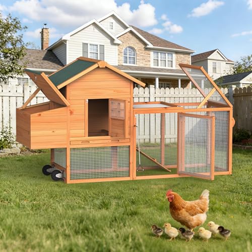 Chicken Coop, 80” Mobile Poultry Cage w/Wheels & Handrail, Waterproof Wooden Hen House w/Removable Tray & Nesting Box, Pet Hutch Run Cage for Small Animals Farm Backyard