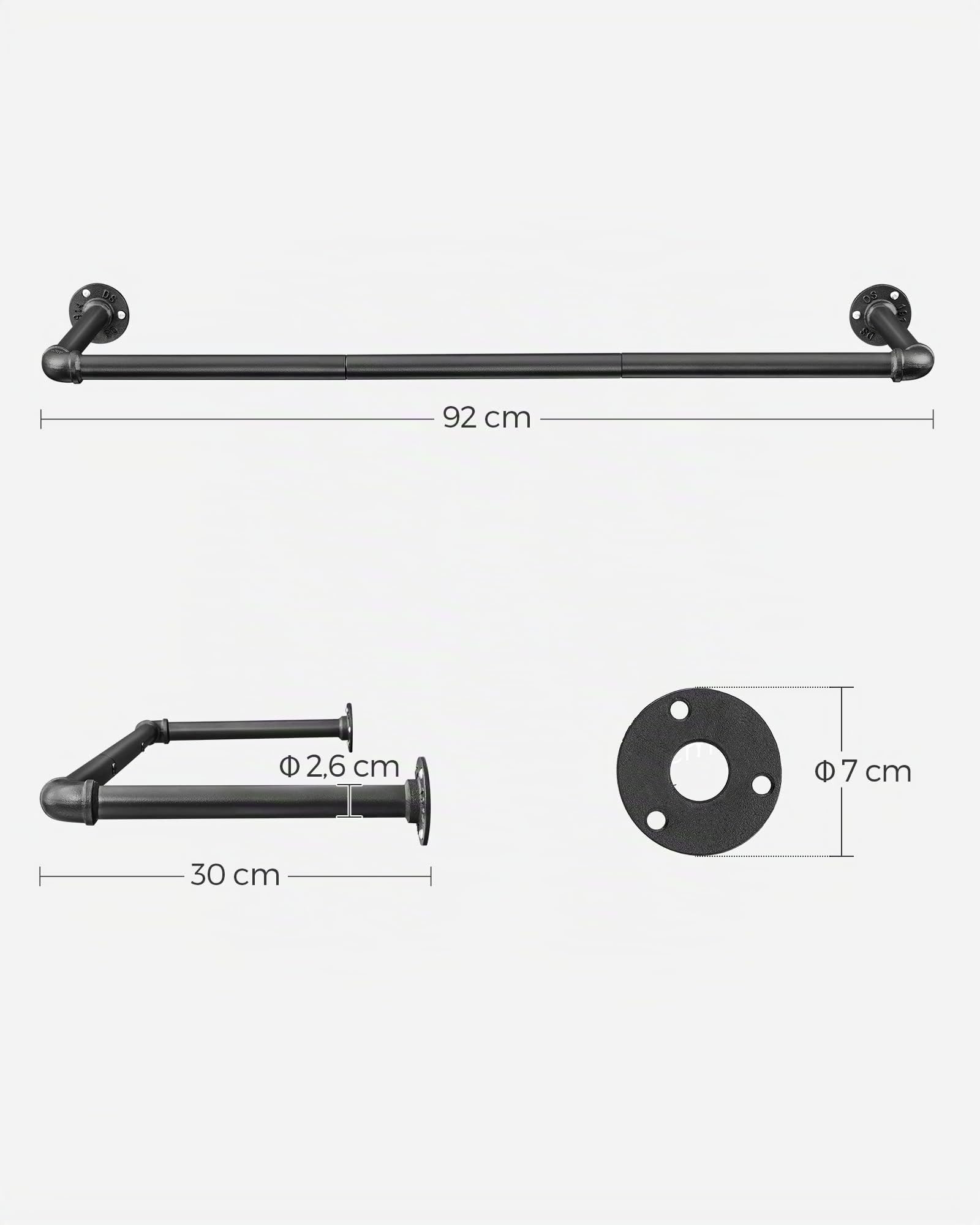 SONGMICS Attaccapanni da Muro, Barra Appendiabiti da Parete a Tubo, Stile Industriale, Salvaspazio, 92 x 30 x 7,5 cm, Montaggio Facile, per Spazio Stretto, Nero HSR67BK