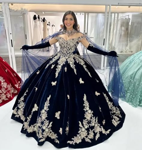 TRHTX Princess Velvet Quinceanera Dresses with Cape Sparkly Gold Butterfly Appliques Sweet 16 Dresses Lace Ball Gown3