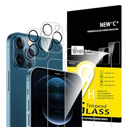 NEW'C 4 Pack, 2 x Protector Pantalla para iPhone 12 Pro y 2 x Protector Pantalla Protector de Lente de Cámara - Cristal Templado - Anti-Rayaduras - Ultra Resistente - Cristal Dureza 9H