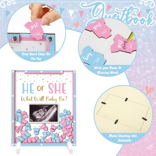 Image of Beeveer 65 Pcs Gender Reveal Baby Shower Guest Book Alternatives He or She Gender Reveal Decorations Sign in Guest Book with Picture Frame and 60 Wooden Chip for Baby Shower He or She Party Keepsake