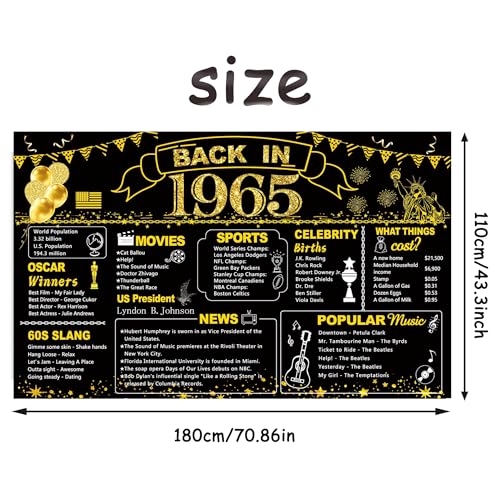 Image of DARUNAXY 61st Birthday Black Gold Party Decoration, Back in 1965 Banner 61 Year Old Birthday Party Poster Supplies Vintage 1965 Backdrop Photography Background for Men & Women 61st Class Reunion Decor