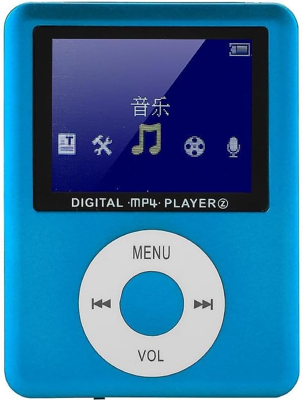 Drumstone Blue MP4 Player with Features for Video/Audio Playback, Memory Card Support, Voice Recording, E-Book Reading, and Image Viewing.