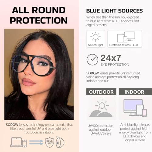 Image of SODQW Oversized Aviator Blue Light Blocking Glasses Women with Earring Trendy Large Big Double Bridge Designer Eyewear