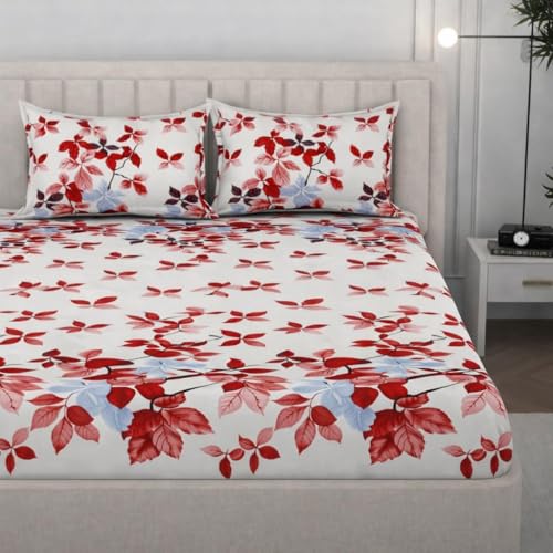 Image of 350 TC Premium Heavy Cotton Feel Elastic Fitted Bedsheet Queen Size with 2 Pillow Covers || Double Bed with All Around Elastic (White Flower, Fitted -60x78 Queen)