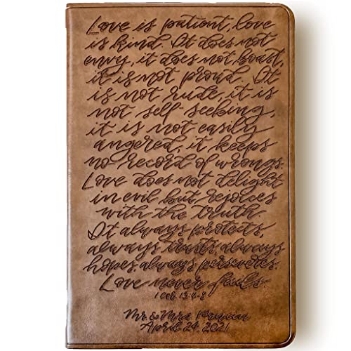 Hand Lettered and Laser Engraved ESV Bible, 1 Corinthians 13:4-8 Hand-Lettered on Cover, Brown Trutone Leather Cover, Personalized Gift, Custom Name Engraving Available
