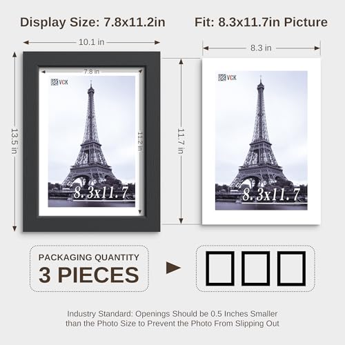 Image of VCK A4 Solid Wood Picture Frame - Black 8.3x11.7 Photo Frames with Wall Mounting Hanging Set of 3