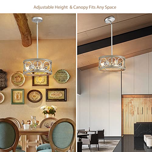 Peskoe Modern Chandelier, 13'' Farmhouse Pendant Light Dining Room Light Fixtures, Ceiling Light For Bedroom Living Room Kitchen, 3-Light Brushed Nickel And Wood Grain Metal Hanging Lamp #TOP6