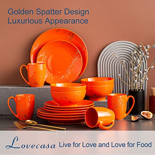 16 Piece Dinnerware Sets For 4, Color Glaze With Gold Plate Crockery Set, Lovecasa, Orange Dinnerware Set With Dinner Plates, Dessert Plate, Bowls And Mugs, Microwaveable Dishes Service For 4, Orange #TOP1