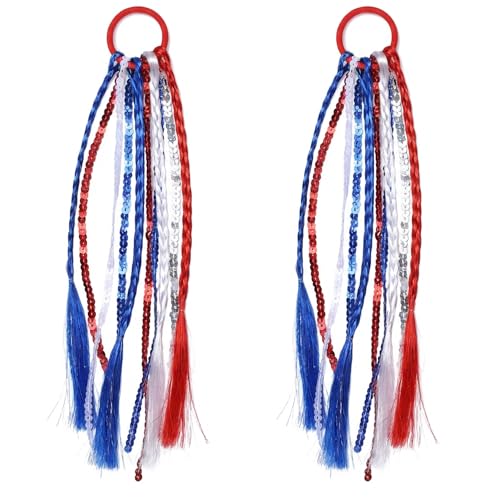 2 Pack Patriotic Red White and Blue Elastic Hair Ties Bands with Tassels for 4th of July Memorial Day Independence Day and Festival Party Hair Accessories for Women