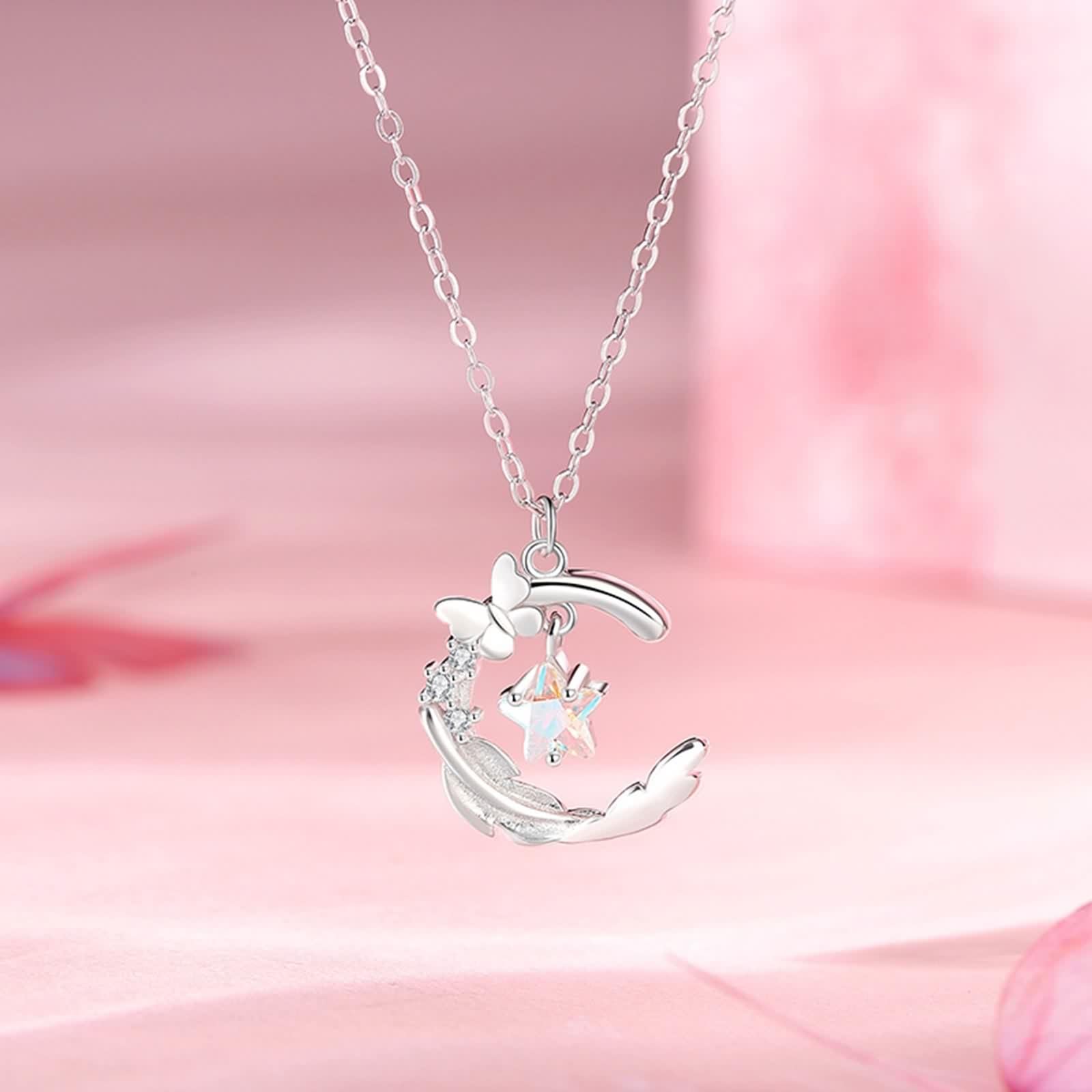 Naszyjnik z białego złota, naszyjnik damski z kamieniem księżycowym wisiorek łańcuszek 9K/14K/18K białe złoto z Moissanitem Moissanite Moissanite Moon Moon 40+5 cm Długość