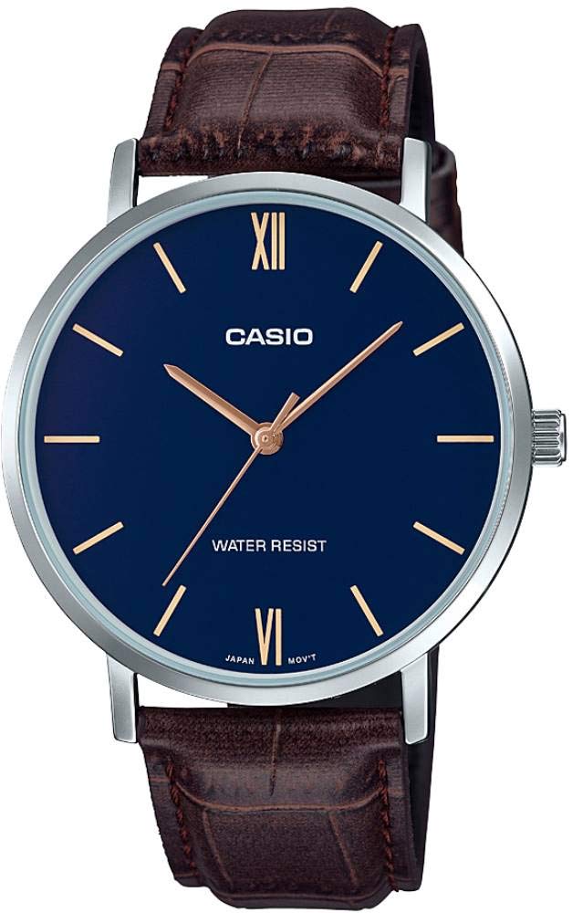 Casio MTP-VT01L-2B Men's Blue Dial Brown Leather Analog Watch