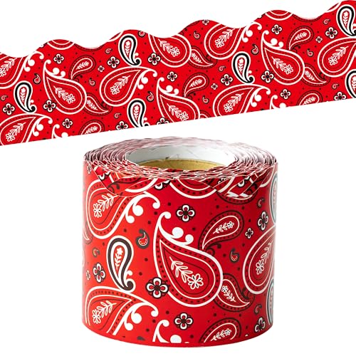 Image of BeYumi Cowboy Bandana Border Trim - 65ft Back to School Western Themed Red Bandana Scalloped Rolled Border Trim Wild West Themed Bulletin Board Set Classroom Office Chalkboard Wall Party Decoration