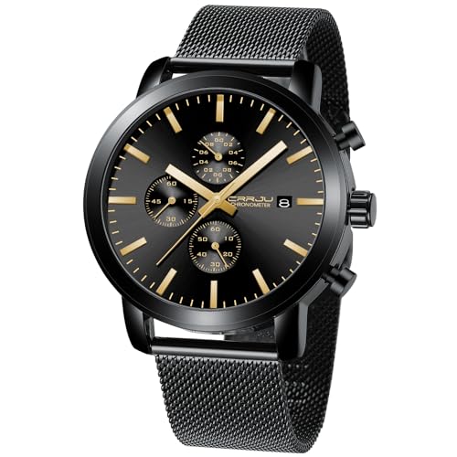 CRRJU Mens Stylish Casual Quartz Watches for Men Luxury Waterproof Calendar Chronograph Japan Movement Wristwatches M black gold