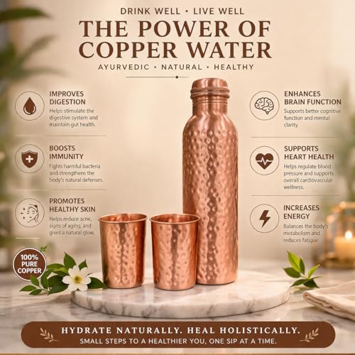 Image of JAIPUR ACE Hammered Pure Copper Water Bottle with Glass Set | 100% Copper Bottle Set | Leak Proof, Ayurvedic Benefits, Premium Design Gift Set for Home, Office, Gifting (Premium Hammered Bottle)
