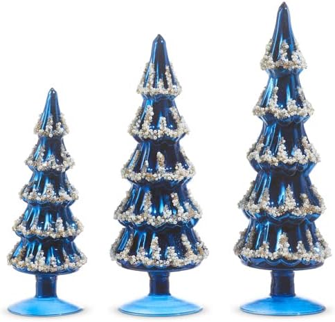 RAZ Imports Blue Beaded Trees, 14-inch Height, Glass, Set of 3, Christmas, Home Décor
