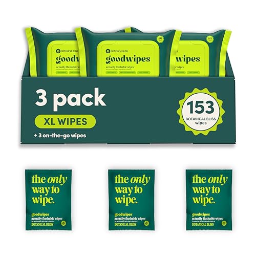 Image of goodwipes Flushable Wipes - Botanical Bliss Wet Wipes for Adults, Sewer & Septic Safe, Guest Bathroom Essentials for Women & Men, pH Balanced & Extra Large, 153 Count (3 Packs and 3 Singles)