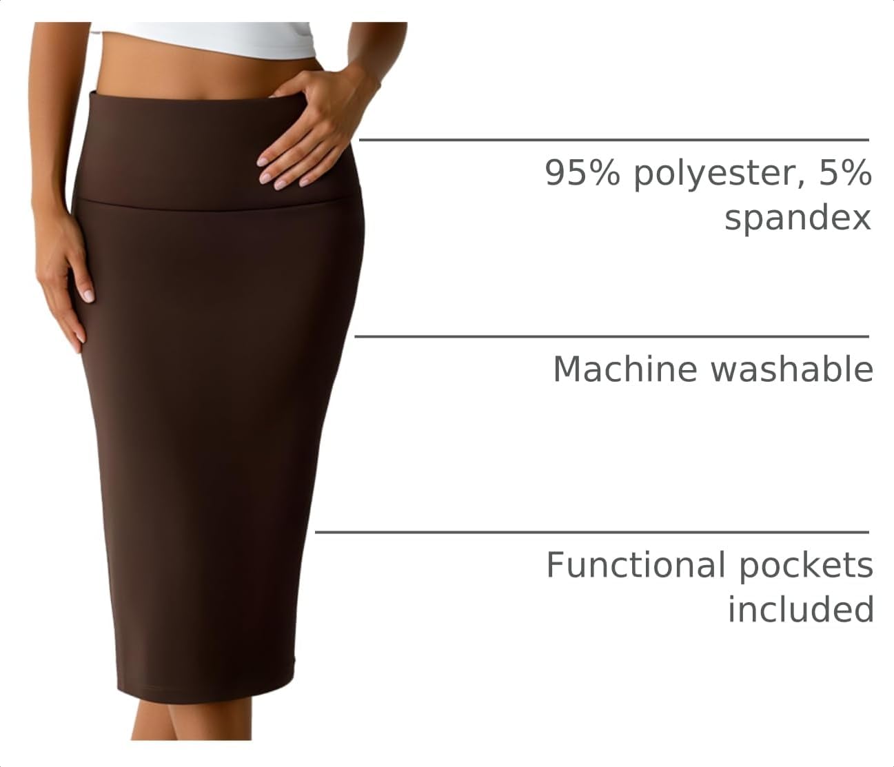 Real Essentials 3 Pack: Womens Soft Midi Skirt – High Waisted Pencil Work Office Business Casual Skirts with Back Slit Plus