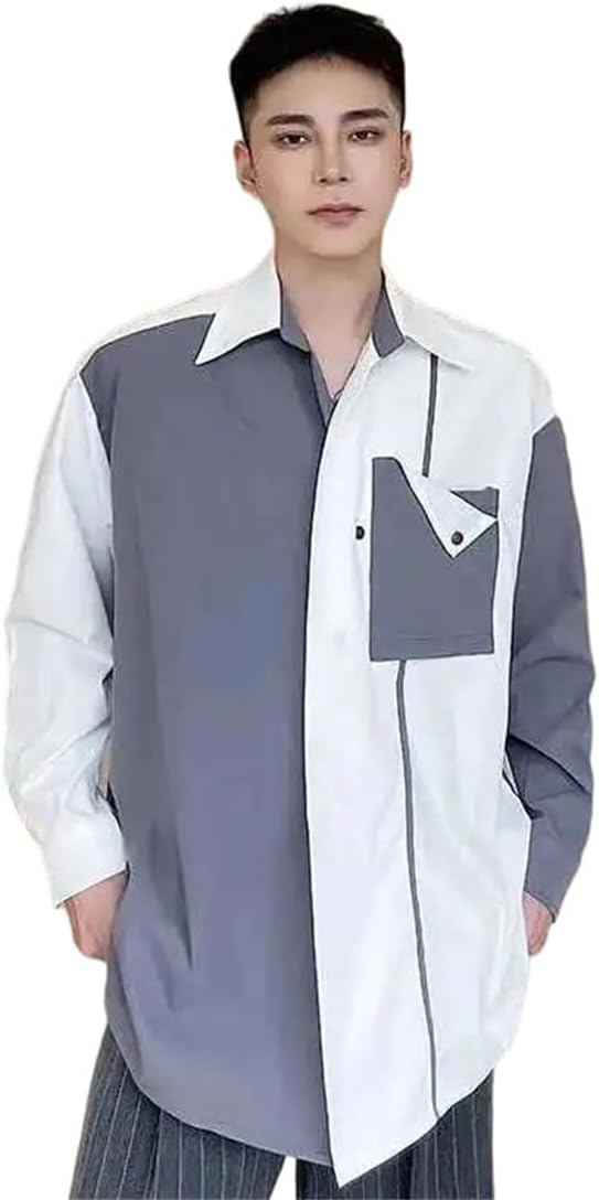 Mens Color Contrast Top Long Sleeve Regular Streetwear Statement Shirt