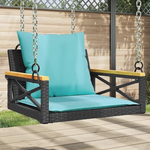 GeenYuu Balancelle en résine tressée Noire avec Coussins Bleus 63x62x40 cm siège Confortable pour Jardin terrasse Balcon extérieur détente et Repos