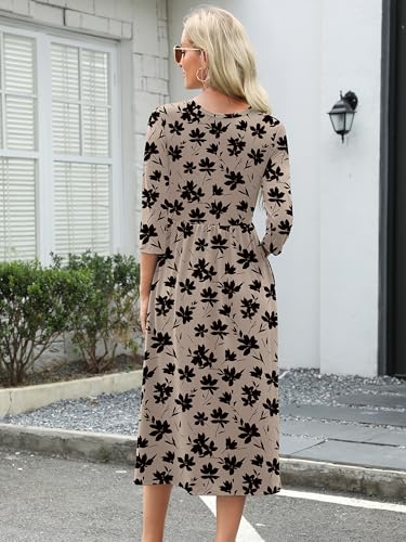Image of Heymoments Women's Casual 3 /4 Sleeve Midi Dress Crewneck A Line Tiered Flowy Loose Travel Long Dresses with Pockets