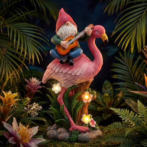 EXYGLO Solar Gnome Garden Statue Decor, 10" Gnome Riding Flamingo $12.49 AC - image 1