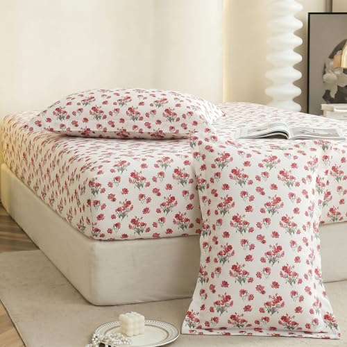 Image of IVAZA Ezyption Cotton Super Soft 240 TC Elastic Fitted All Around Elastic Printed King Size Double Bed Bedsheet with 2 Pillow Cover 72 inch X 78 inch3 Red White