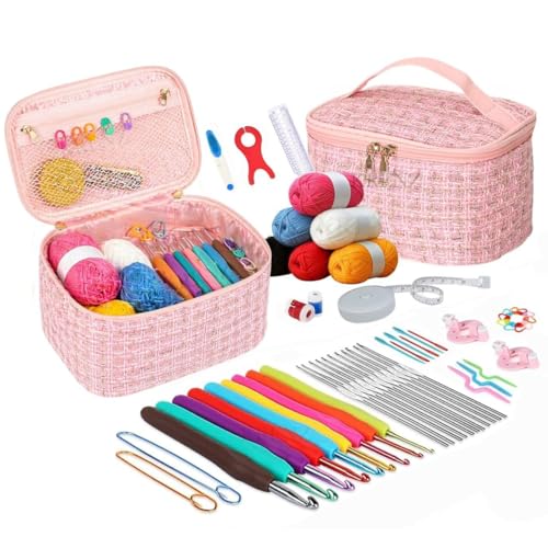 KRENZ Crochet Kit for Beginners Adults, Crochet Kits Include Yarn, 59pcs Crochet Starter Kit for Beginners Kids,Ergonomic Crochet Hooks 2.0-6.0 mm, Lace Steel Needles 0.6-1.9 mm (Pink Gold)