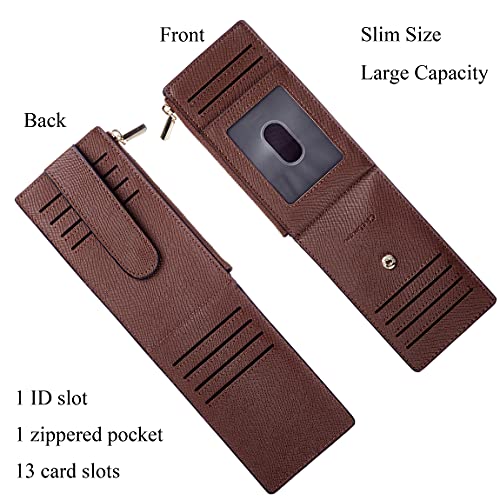 Image of Chelmon Womens Wallet Slim RFID Blocking Bifold Multi Card Case Wallet with Zipper Pocket (Deep Brown) | Thin Bifold Multi Card Case with Zipper Coin Pocket Purse for Women(Deep Brown)