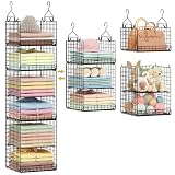 6 Tier Hanging Closet Organizers and Storage Stackable Hanging Closet Shelves with 4 Hooks 2 Adjustable Dividers, Wire Storage Basket Bins for Clothing Purse Sweaters Shoes Socks Dolls, Foldable