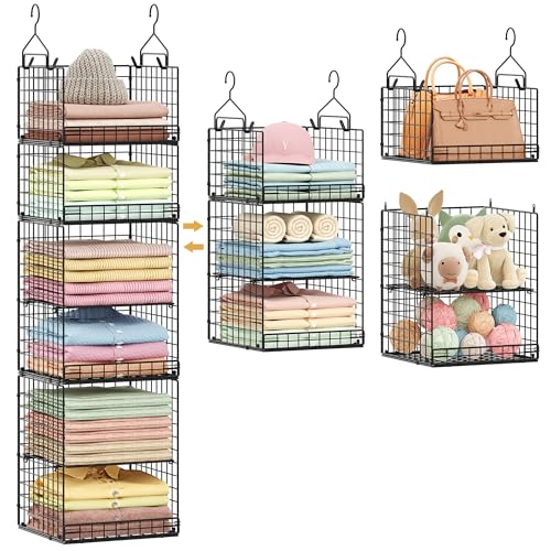 6 Tier Hanging Closet Organizers and Storage Stackable Hanging Closet Shelves with 4 Hooks 2 Adjustable Dividers, Wire Storage Basket Bins for Clothing Purse Sweaters Shoes Socks Dolls, Foldable