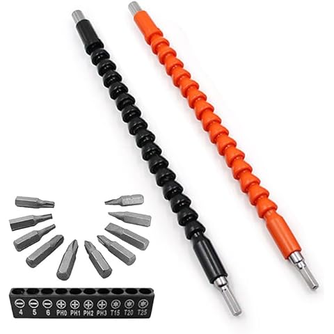 2 Pack Flexible Drill Bit Extension with 10 Drill Bit Sets, YTFGGY 11.8 inch Magnetic Hex Soft Shaft, Flexible Screwdriver Extension for Connect Drive Shaft Tip Drill Bit Kit Adaptor (BO) Cover
