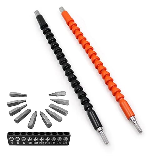 2 Pack Flexible Drill Bit Extension with 10 Drill Bit Sets, YTFGGY 11.8 inch Magnetic Hex Soft Shaft, Flexible Screwdriver Extension for Connect Drive Shaft Tip Drill Bit Kit Adaptor (BO)