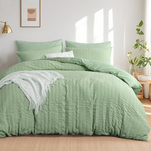 Aisbo King Size Duvet Cover Sets Green Seersucker Bedding Set with 2 Pillowcases, Soft Breathable Textured Puckering Bed Quilt Cover Set with Zipper (230×220cm) 3pcs
