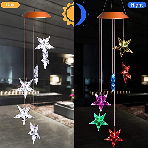 Amazing Wind Chime Color Changing Solar Mobile Wind Chimes Lights Xmas Decoration Light Lucky Hanging Wind Bell Light Night Hanging Lamp For Patio Garden Lighting Home Decoration (Stars) #TOP1