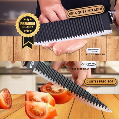 Kit de Facas Profissional 6 Peças + Amolador de Facas Premium – Super Afiado, Ergonômico e Inoxidáve