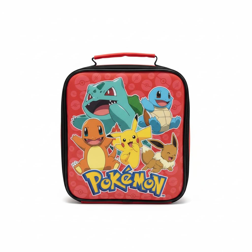 Pokemon Kids Insulated Lunch Bag with Handle – Pikachu, Charmander, Squirtle, Bulbasaur & Eevee – Red School Lunch Box, BPA Free PEVA Lining, 23cm