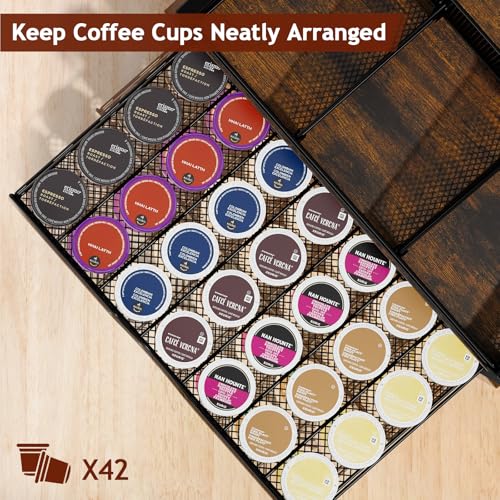 Image of Homsorout Coffee Bar Organizer - Coffee Station for Countertop, Metal and Wood K Cup holder Storage Basket with Drawer for Syrup, Cups, Stirrer, Condiment, Tea Organizer, Brown