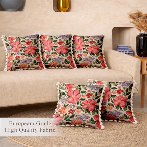 Image of STITCHNEST 'Little Meadow Series' Tassled Cushion Cover | Set of 5 | Floral Cushion Cover 16 inch x 16 inch