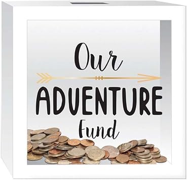 Prinz White Adventure Fund Money Savings Piggy Bank for Adults, Kids Savings Box Change Jar, 6 x 6 Wooden Shadow Box
