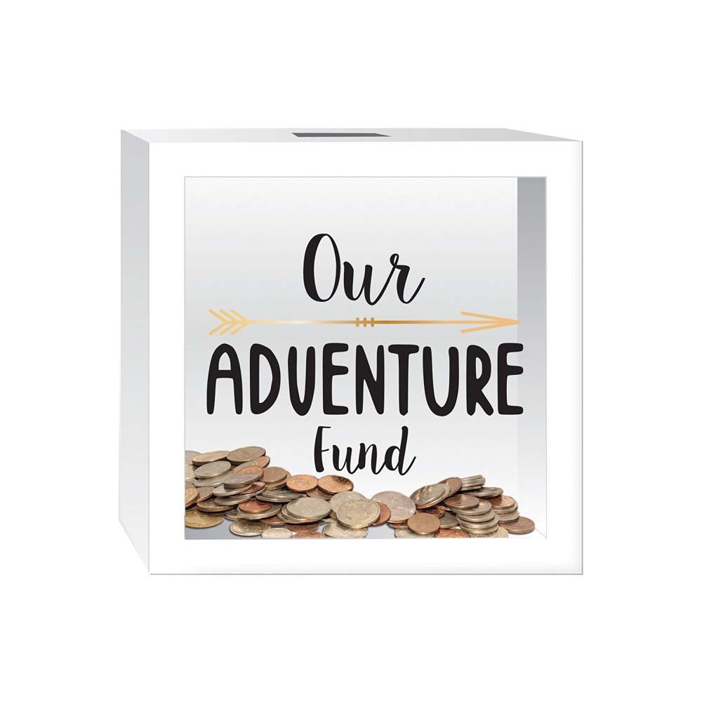 Prinz White Adventure Fund Money Piggy Bank for Adults, Kids Savings Change Jar, 6' x 6' Wooden Shadow Box, 6 Inches x 6 Inches