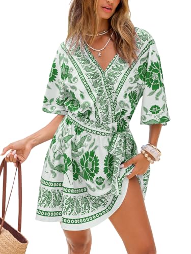 Image of CUPSHE Womens Summer Mini Dresses Short Sleeve Boho Floral Beach Vacation Sundress V Neck Tie Waist Casual A Line Dress