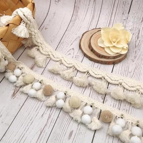 Yulakes 2Yards Pom Trim Ball Wide 6CM Fringe Ribbon Sewing Beige White Lace Kintted Fabric Beaded Handmade Craft Accessories (A Style)