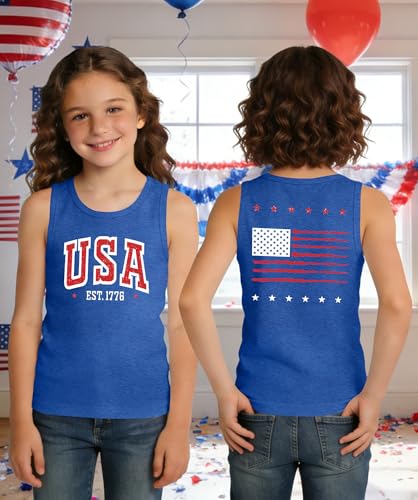 Image of Ithalt Girls 4th of July Tank Top for Kids Boys USA Patriotic Shirt American Flag Tshirt Red White and Blue Sleeveless