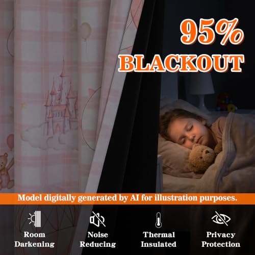 Image of MYSKY HOME Girls Pink Nursery Blackout Curtains Plaid Curtains 84 Inch Length 2 Panels Set Cute Patterns Grommet Window Treatments Thermal Insulated for Kids Girls Bedroom Living Room, Each Panel 52 inchW