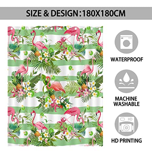 Juirnost Flamingo Shower Curtain For Bathroom Tropical Palm Leaves Shower Curtain Summer Pineapple Hawaii Botanical Green Shower Curtain Bathtubs Decor Waterproof Fabric 72" X 72" With 12 Hooks #TOP3